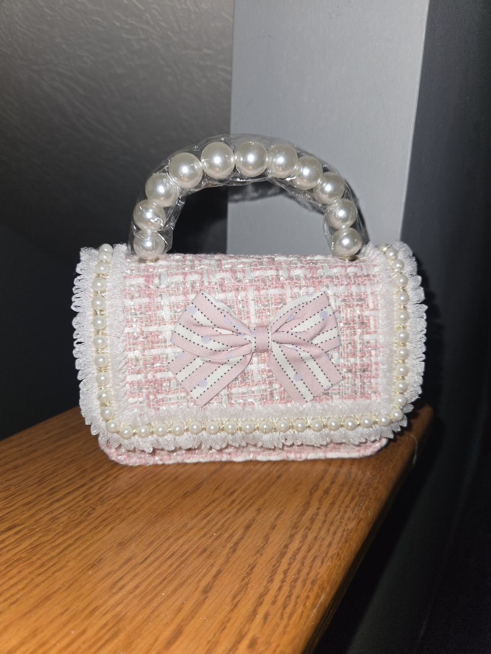 Pink Tweed Pearl-Handle Bow Satchel